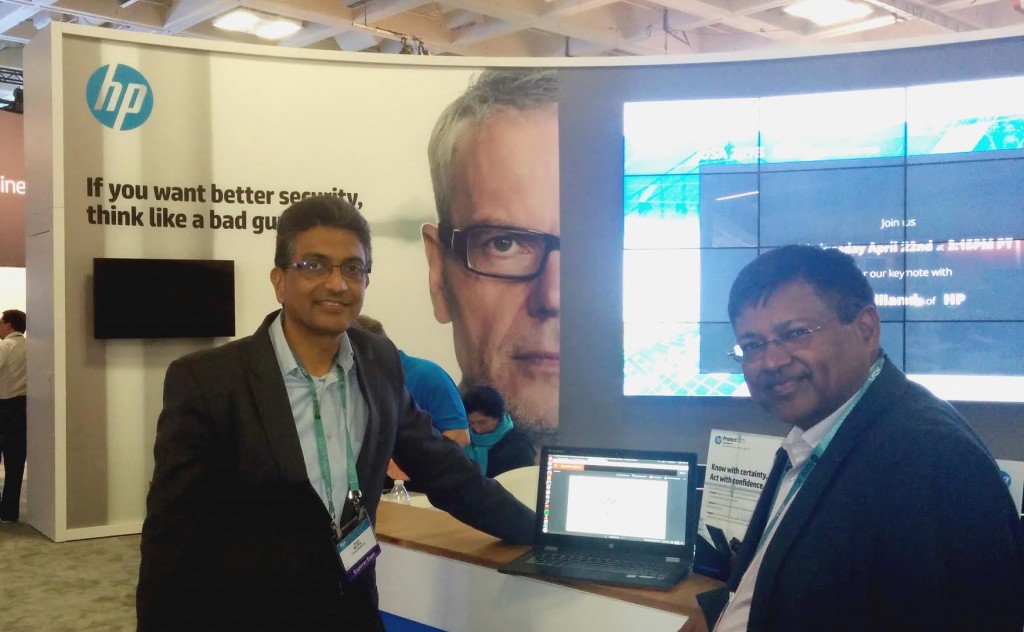 Atul Garg (right), VP and GM HP Cloud and Automation, and Sesh Murthy (left) SVP Worldwide Sales and Customer Care, Cloud Raxak at HP Booth at RSA 